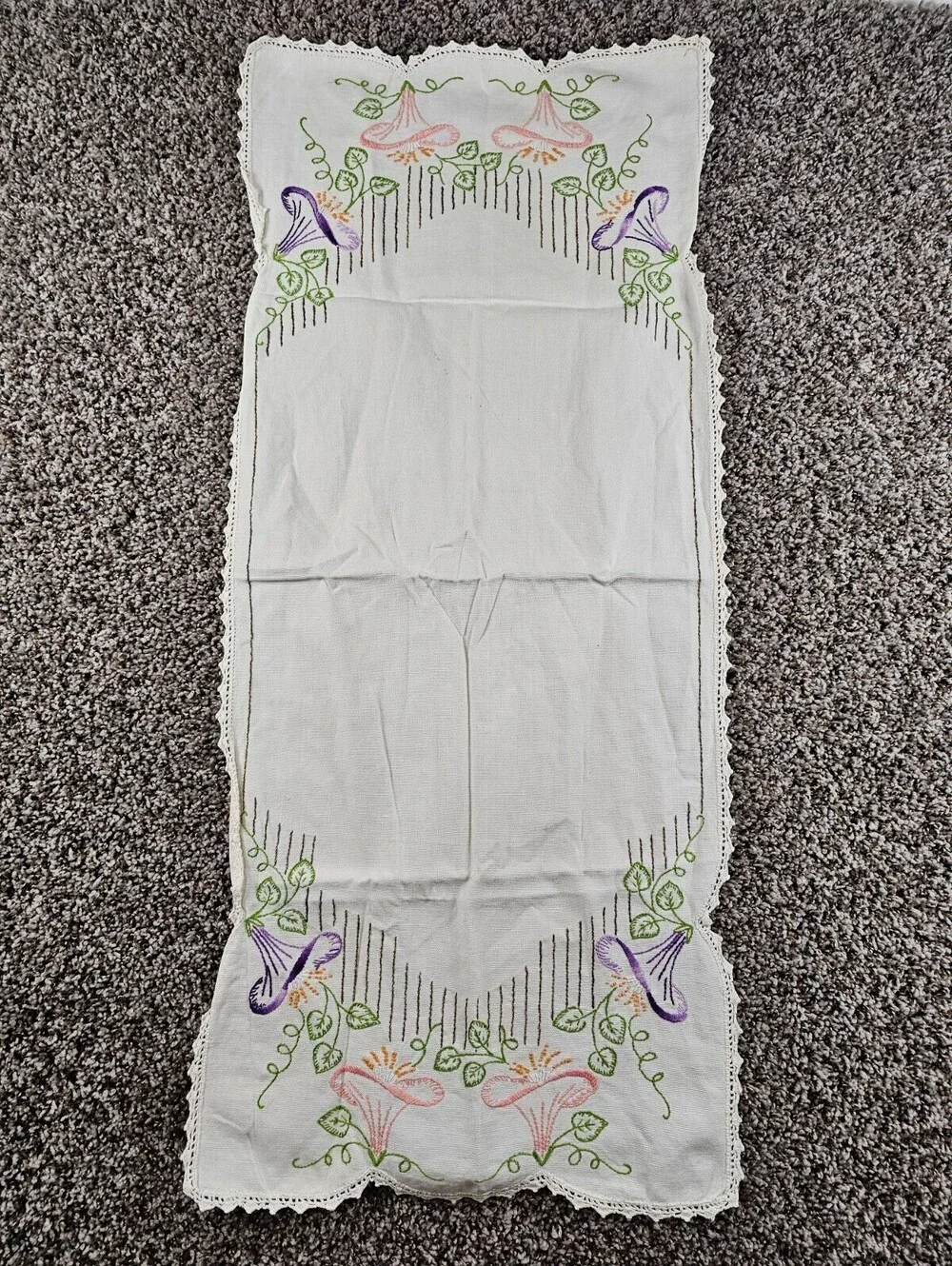 Vintage hand-embroidered linen dresser scarf table runner 37